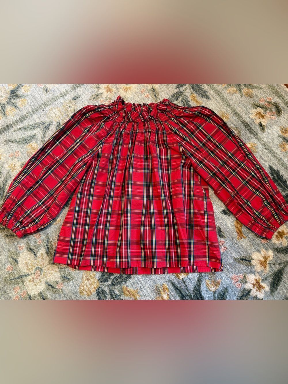 J. Crew Smocked Neck Puff 3/4 Sleeve Blouse In Good Tidings Red Plaid Large